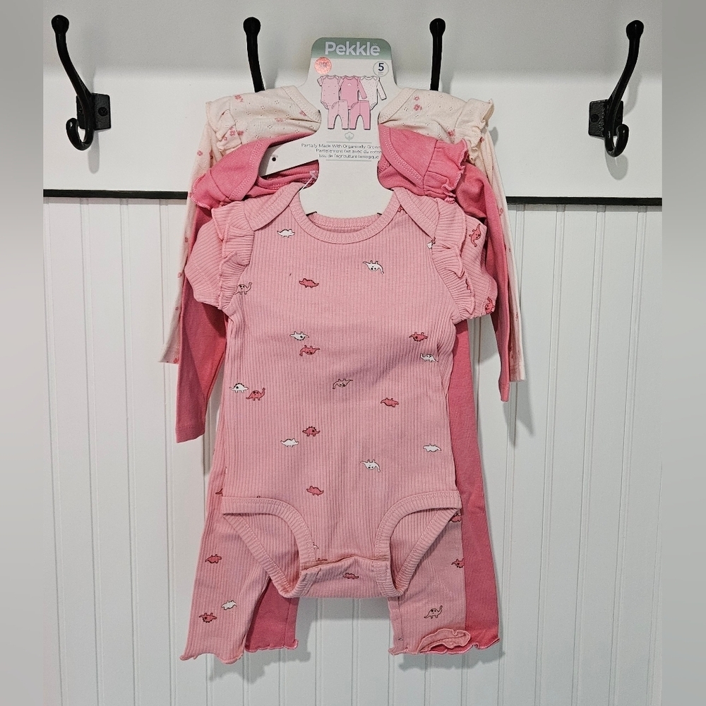 Pekkle Pink and Cream Dinosaur Baby 5 Piece Set, New in Package, 9 Months